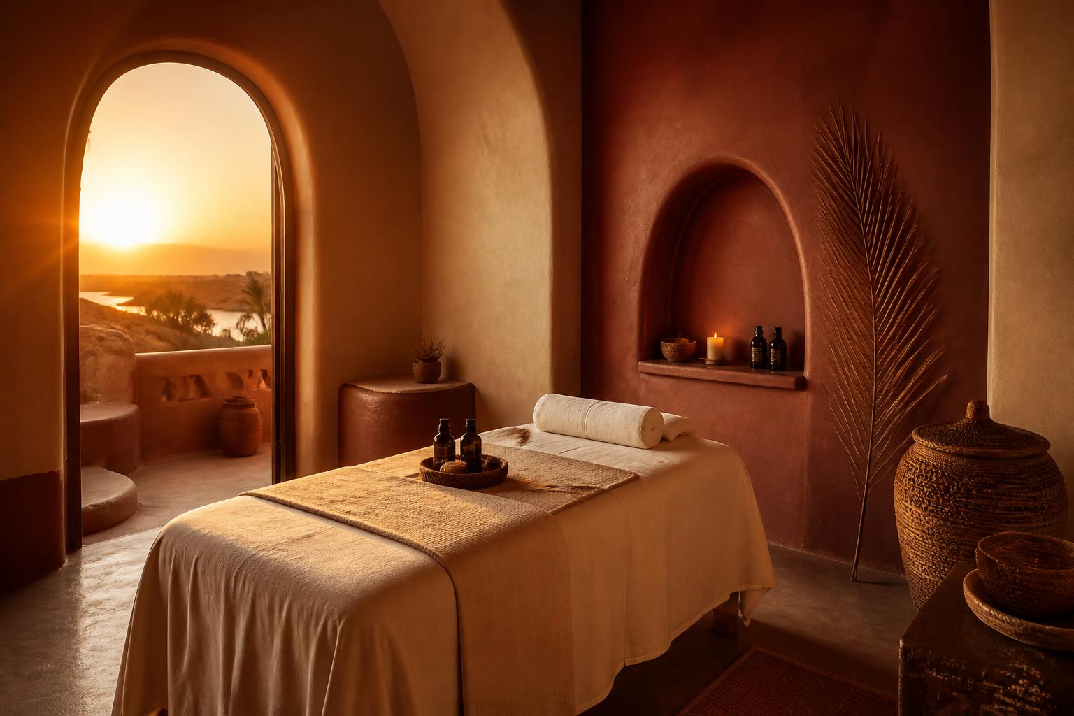 Calm spa room in warm earthy tones